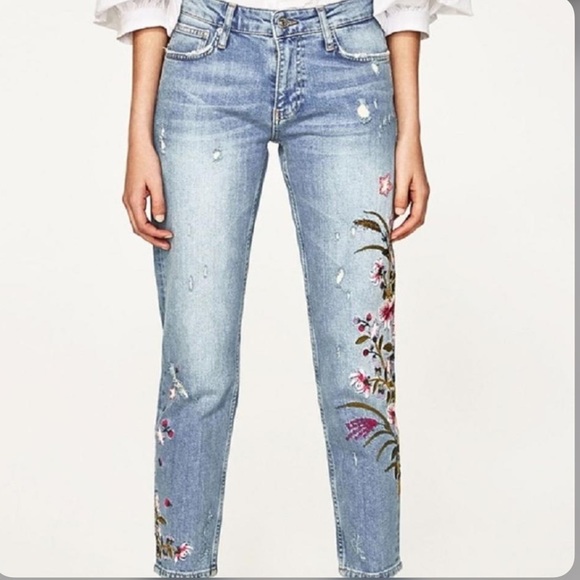 Zara Lightwash Distressed Floral Embroidered Jeans